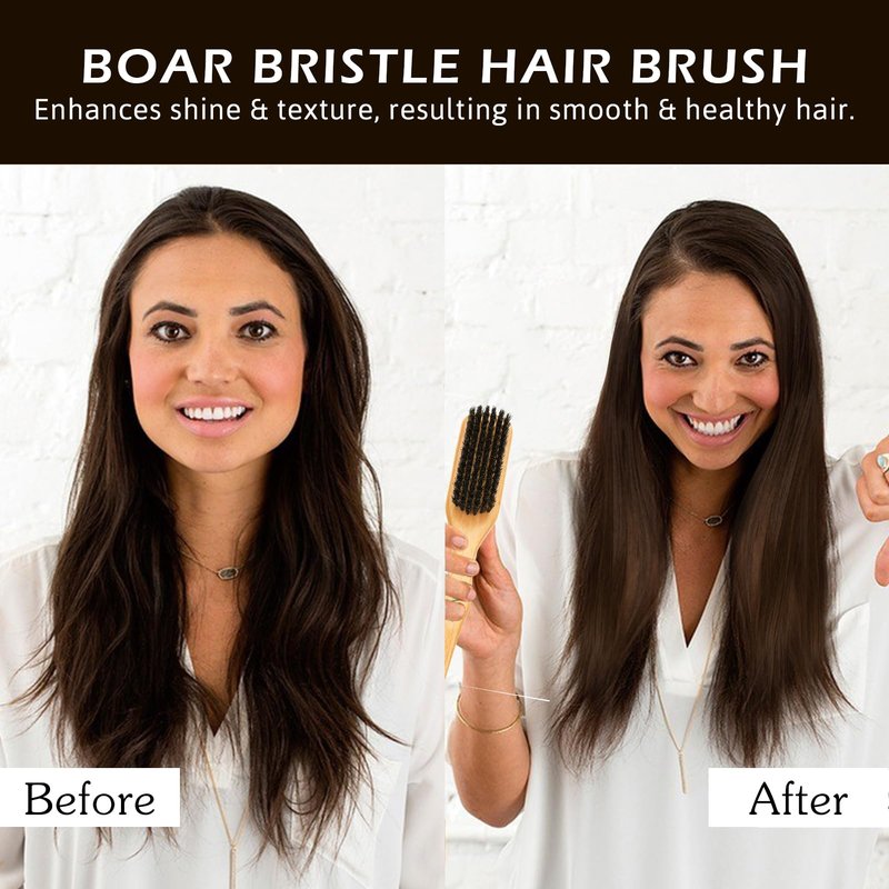 Boar Bristle Slick Back Hair Brush for Sleek Ponytail Bun & Smoothing Baby Hairs & Flyaways - Soft Boar Brush Hair Comb for Women & Men - Teasing Hairbrush with Wide Rat Tail for Sectioning & Parting