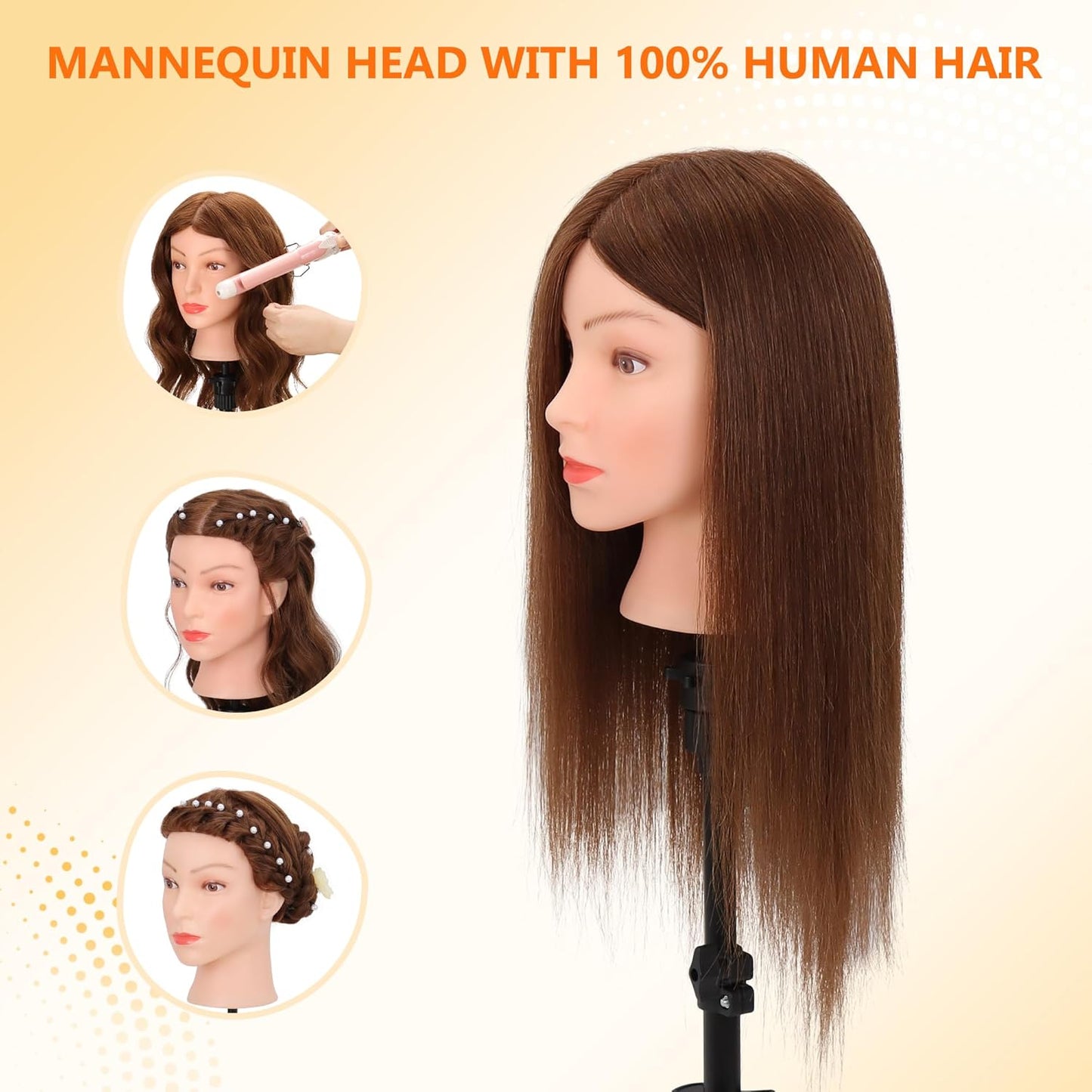 Real Human Hair Mannequin Head - Cosmetology Training Doll for Hair Styling, Cutting & Braiding | Dark Brown