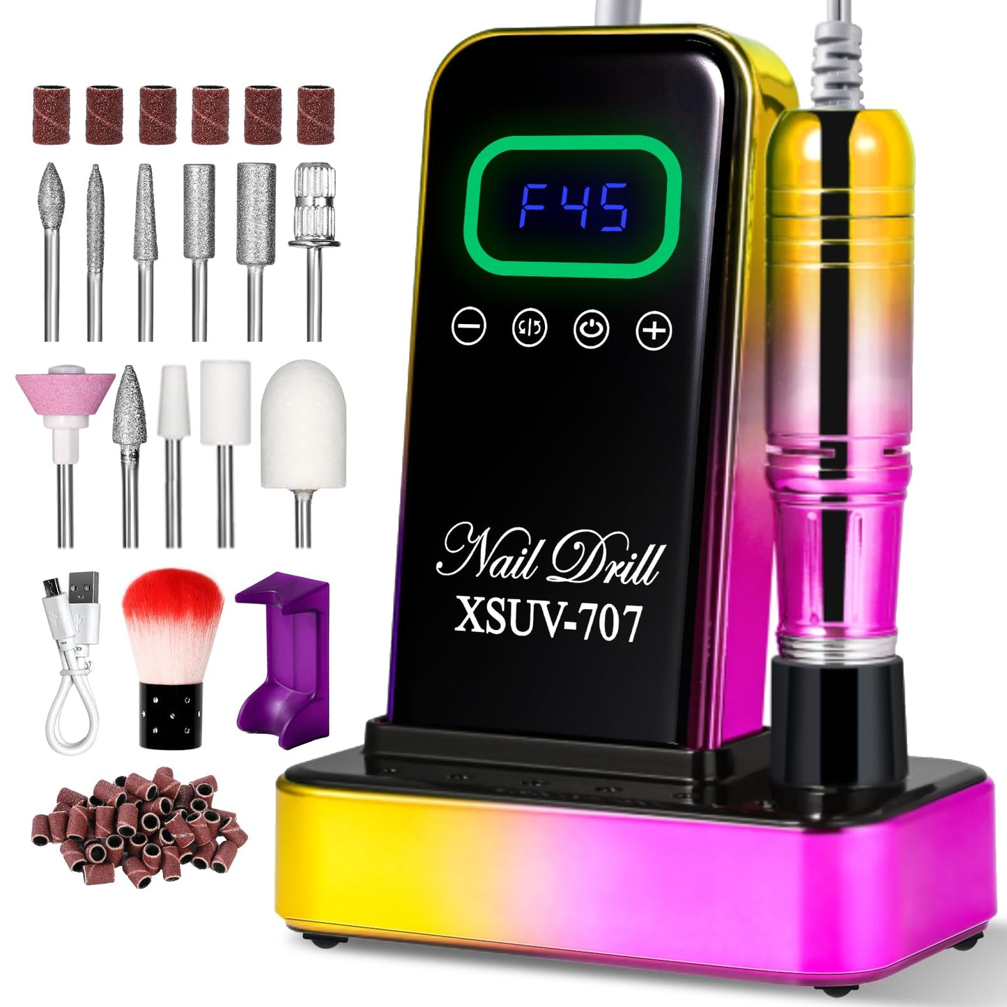 Cordless Nail Drill 45000 RPM, Rechargeable Electric Nail File Kit for Acrylic Gel Polishing Removing, Nail Drill kit with Bits & Base, Portable Nail E-File Machine for Manicure Pedicure Salon (Gold)