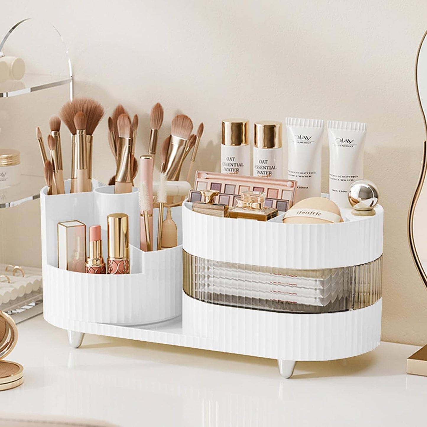Rotating Makeup Organizer - Large Spinning Vanity Storage with Brush Holder | Black Cosmetic Display Case