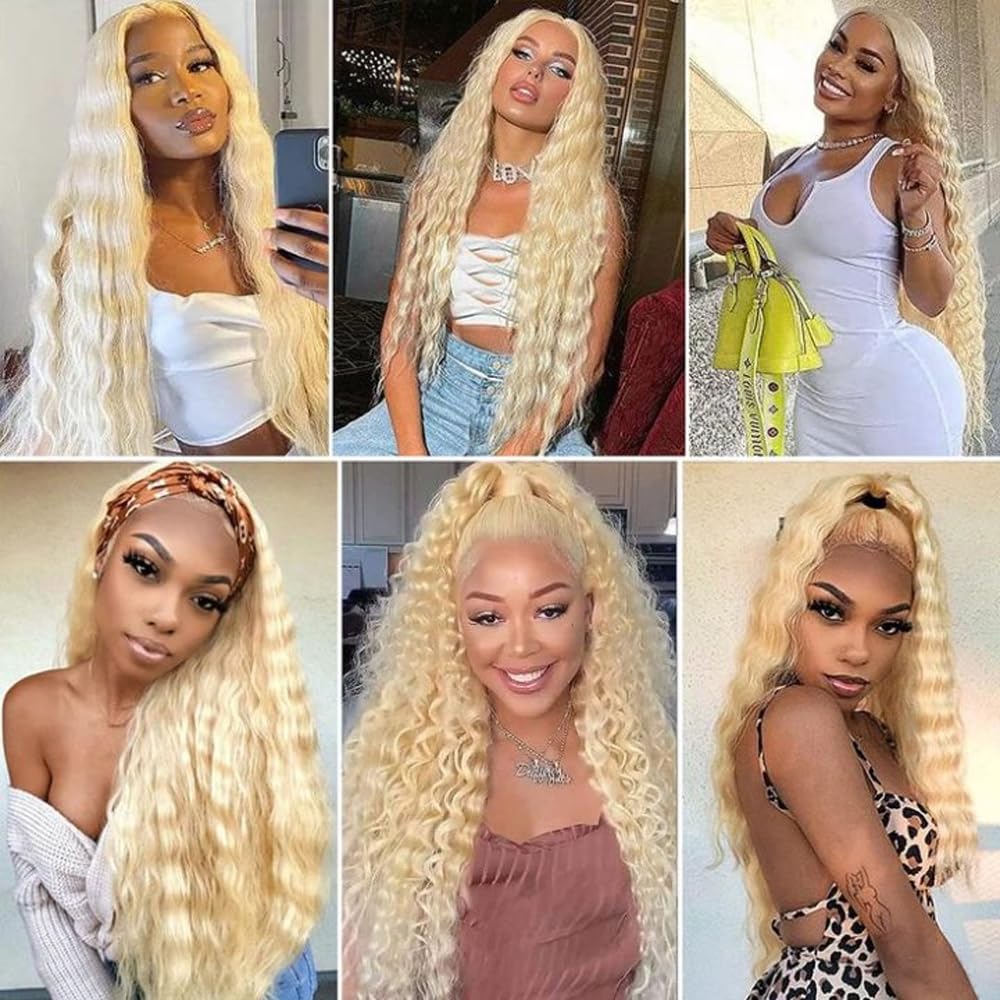 28 28 28 Inch Freiuoke 613 Bundles Human Hair Blonde Deep Wave Bundle Brazilian Virgin Hair 3 Bundles 613 Deep Wave Bundle Hair Extensions