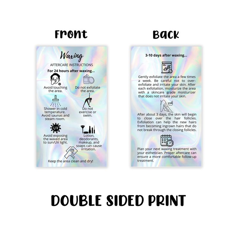Waxing Aftercare Cards | 50 Pack | Size 2 x 3.5” inches Business Card Size | Waxing Aftercare Kit Cards PMU Matches Pre-Waxing Card | Aftercare Instructions Faux Holo Print Design