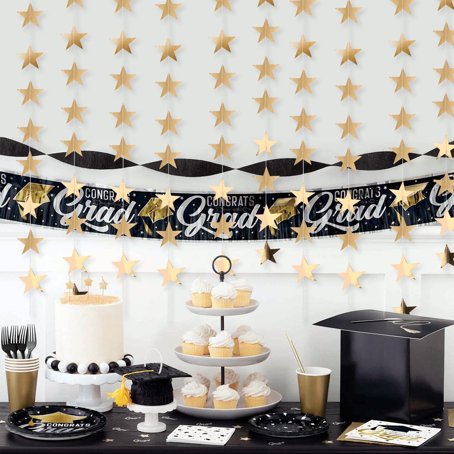 BRIOYHA Metallic Champagne Gold Star Garland,10-Pack 4M Paper Hanging Star Streamers, Double-Sided Reflective Star Banner for Graduation Wedding Birthday Christmas New Year Party Decoration
