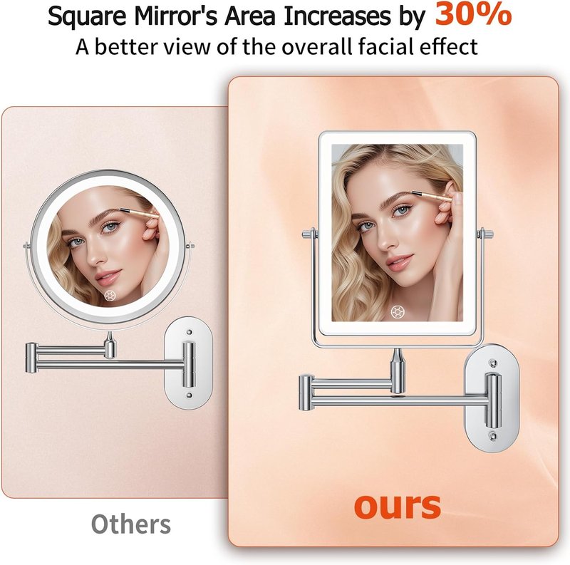 FUNTACH 5000mAh Rechargeable Makeup Mirror - 8.7" Double-Sided 1X/30X Magnification | Dimmable 3-Color Light, 360° Wall Mount