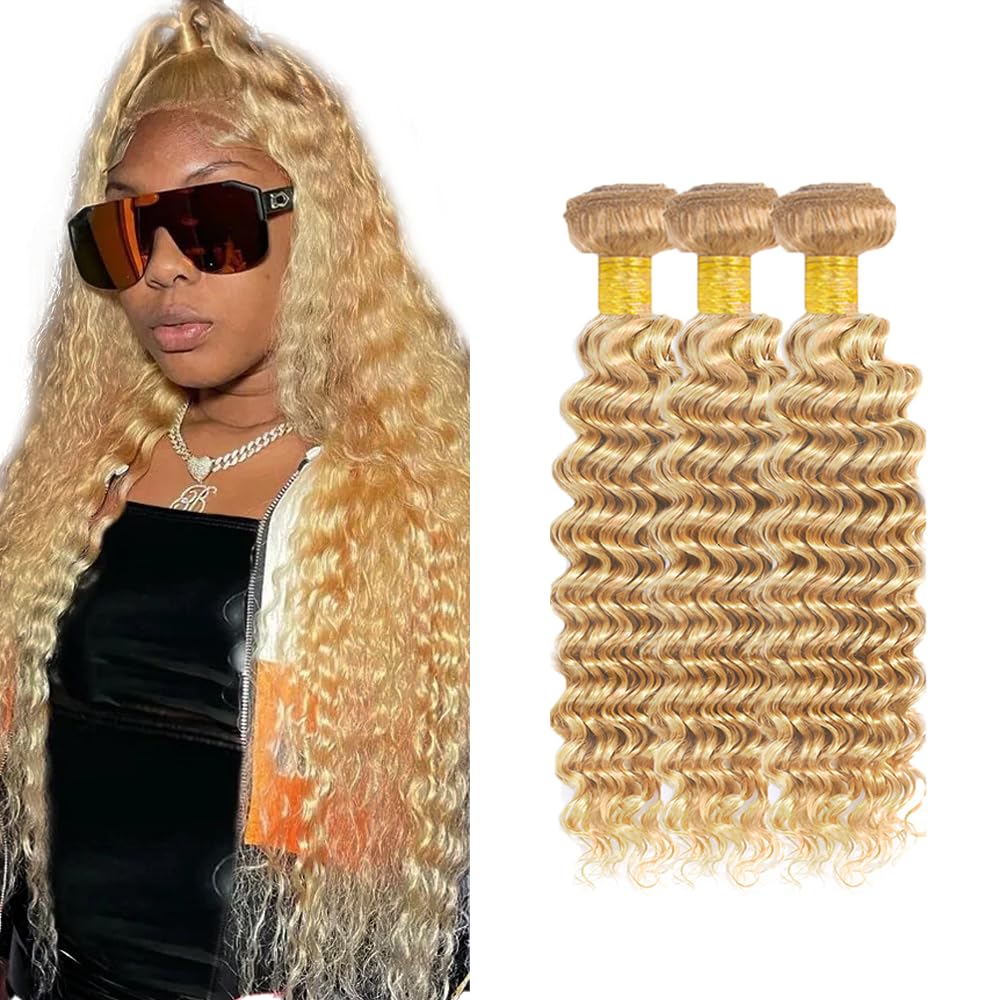 613 Bundles Human Hair Blonde Deep Wave Bundles Human Hair 22 24 26 inch 27/613 Wet and Wavy Bundle 2 Tone #27 and #613 Bundle