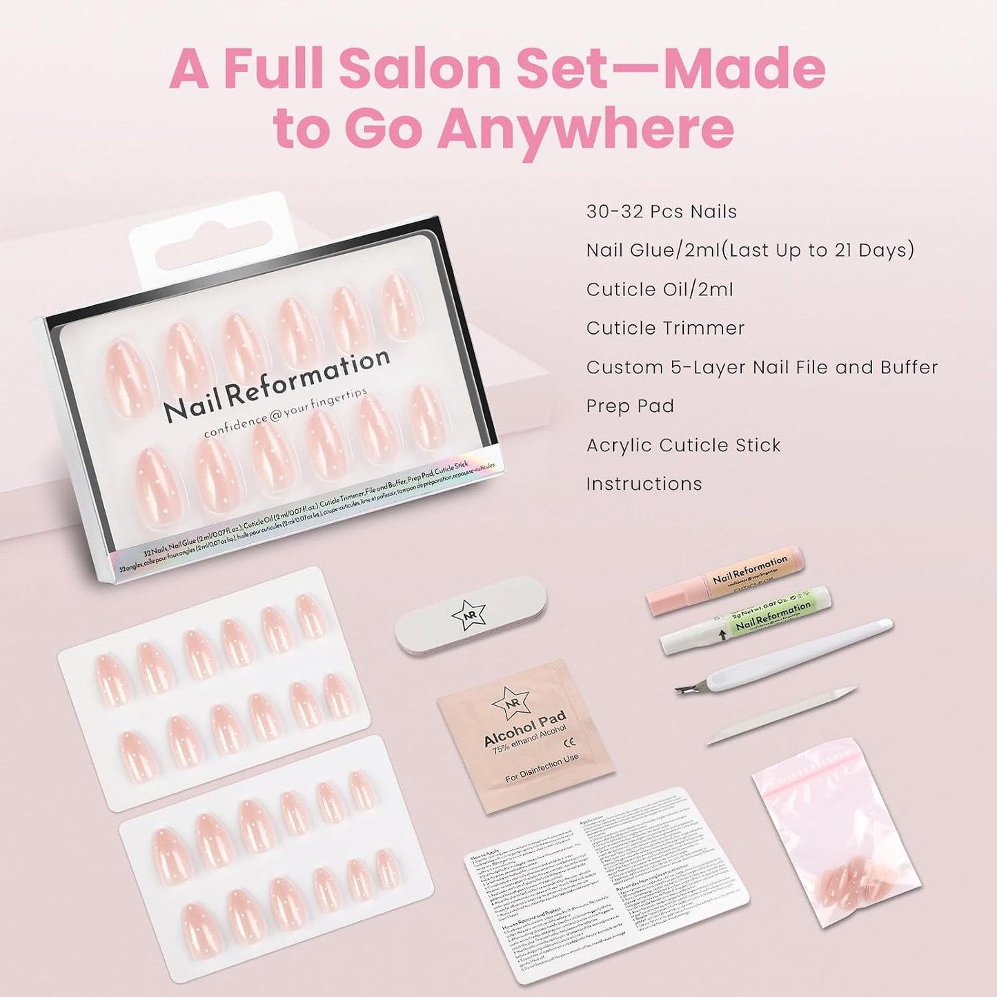 Press On Nails - Milk Dots Polka Dot Almond Nails on Pink Shimmer Base | Glossy Finish, Reusable 16 Sizes - 32 Nail Kit with Glue