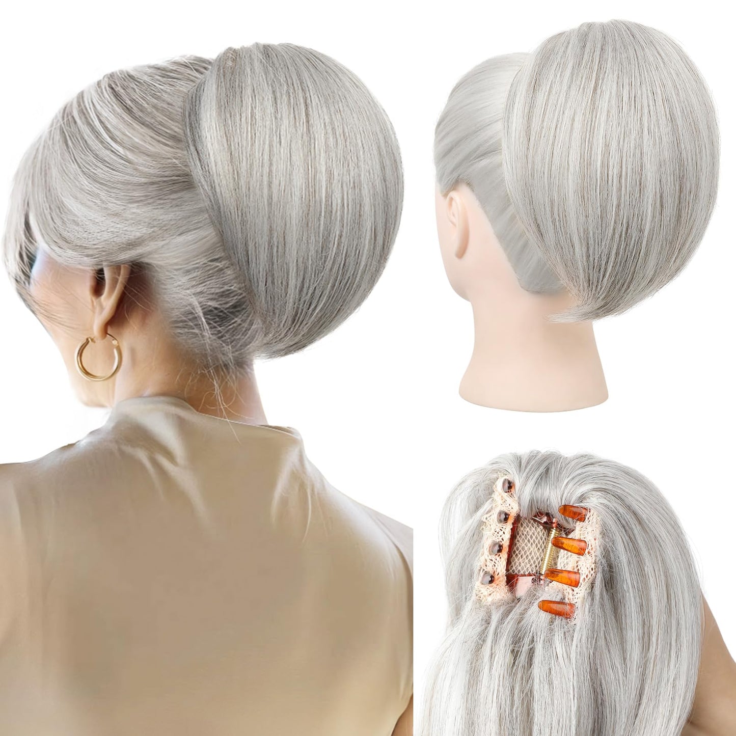 REECHO Ponytail Extension, 8" Short Mini Claw Clip Pony Tail Hair Extensions Natural Soft Feather-Light Tension-Free Ponytail Hairpiece for Women with Short Fine Thin Hair - Silver Grey