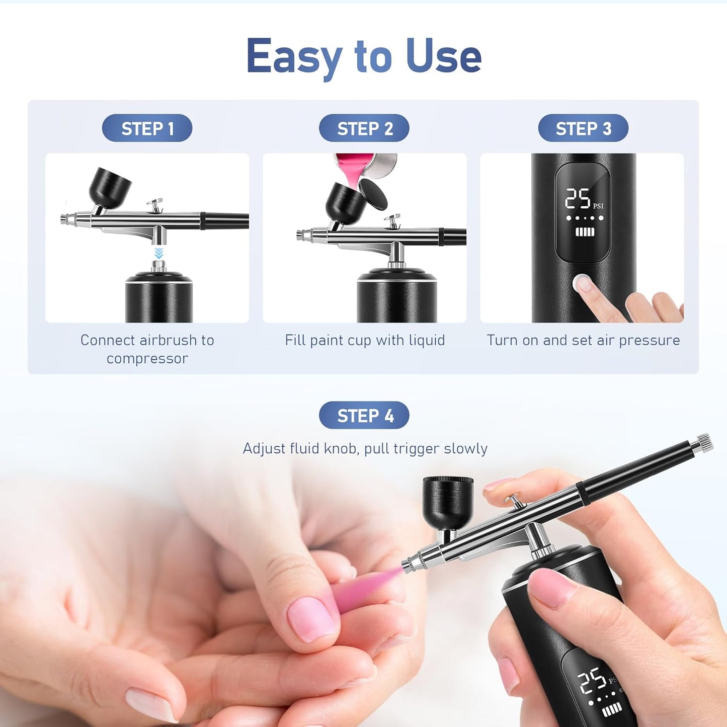 Airbrush Kit - High Pressure 50PSI Compressor with 2 Airbrushes & 0.2/0.3/0.5mm Nozzles | Ideal for Nails, Cake Decorating, and Modeling (Black)