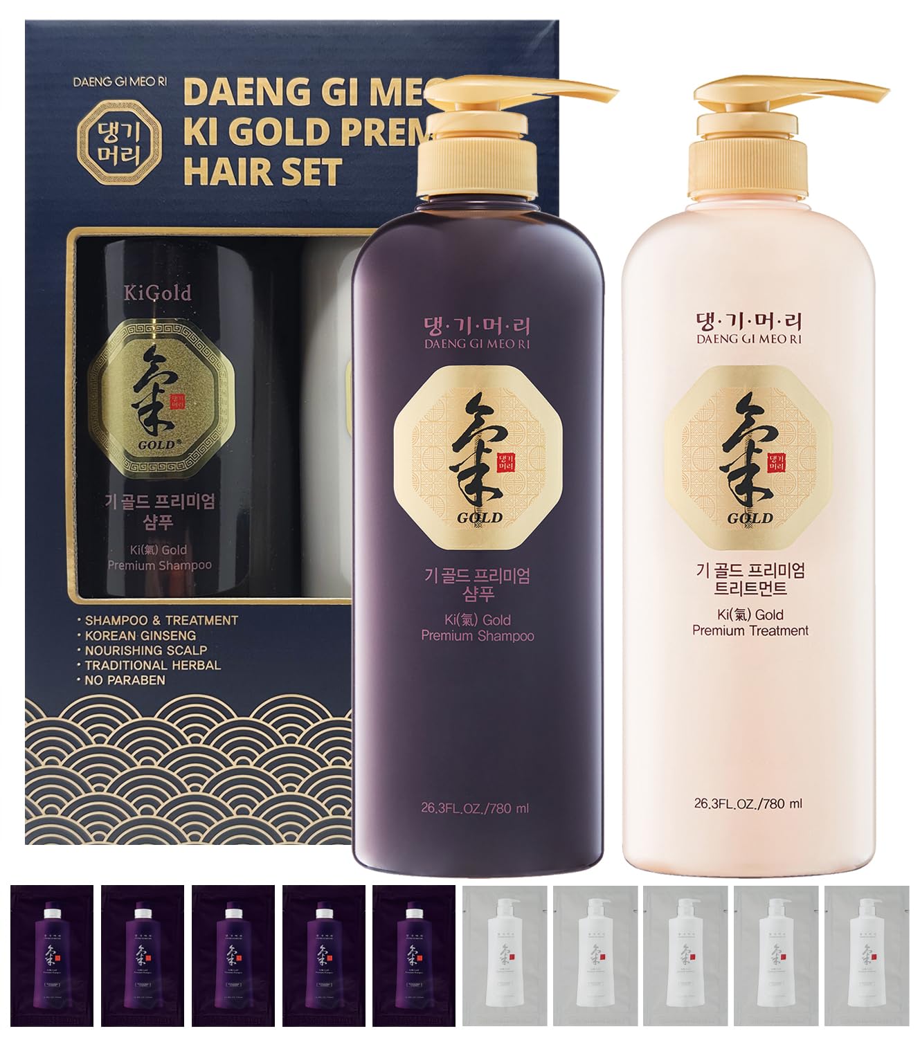 Daeng Gi Meo Ri - Ki Gold Premium Shampoo 26.3 FL OZ and Treatment 26.3 FL OZ Blue Box Set with 10 Pouch Samples. Samples may vary.