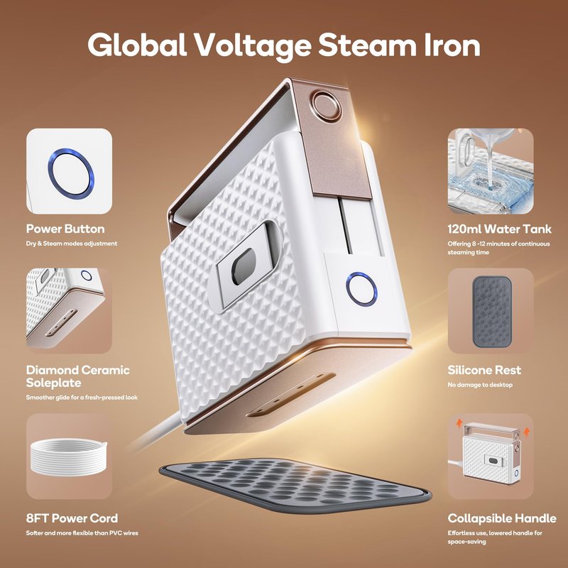 Newbealer Travel Steam Iron for Clothes, Global Voltage 100-240V Handheld Steamer, 293℉ Dry Ironing, Non-Stick Ceramic Soleplate, Horizontal & Vertical Steaming, Auto-off, Silicone Mat & Bag, 1.5 lbs