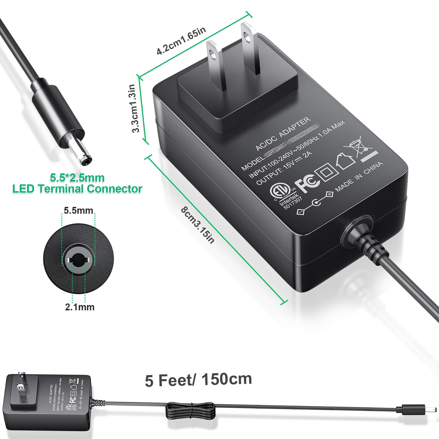 SoulBay 15V DC Power Supply with 2pcs Tips for Cat Litter Box Router LED Light Speakers Camera Record Player Guitar Amp Replacement, 5FT Cord, AC 100-240V to DC 15 Volt 2A Adapter