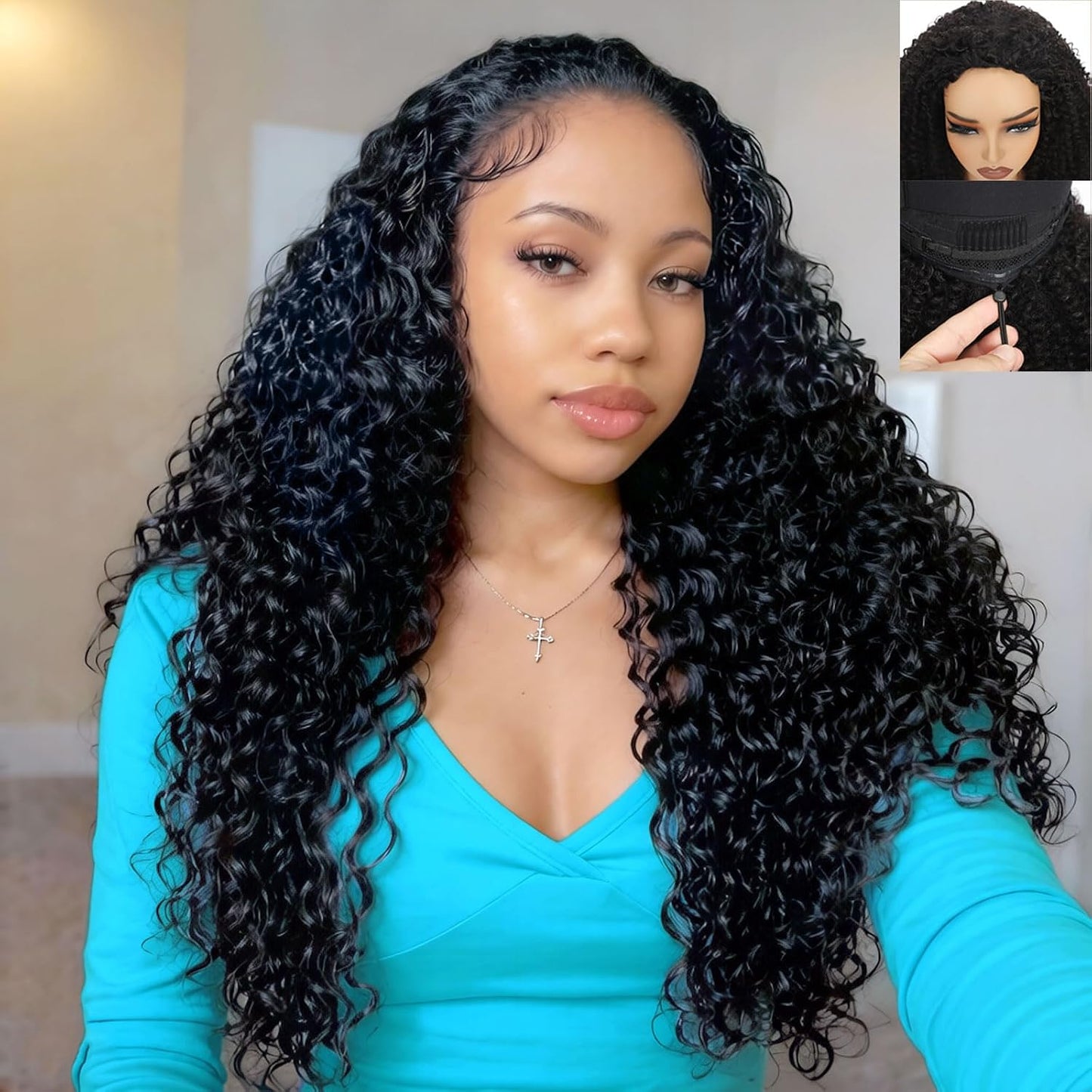 Kinky Curly Half Wig - 18 Inch 200 Density Human Hair Blend | Glueless Headband Wig in Natural Black for Easy Styling