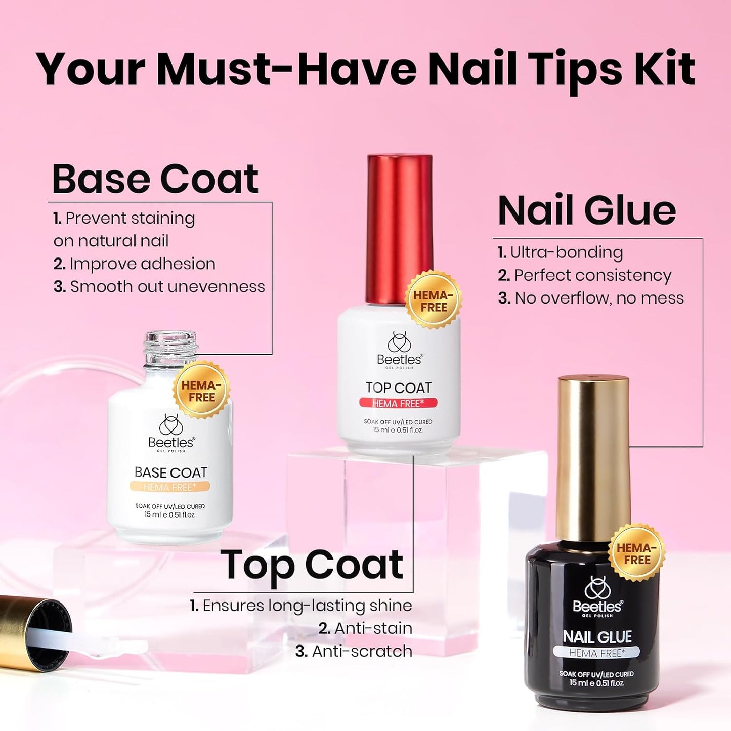 Beetles Gel Nail Kit - Almond Short 288pcs Nail Tips with Hema-Free Glue & Base Gel Set | DIY Acrylic Press-On Nails