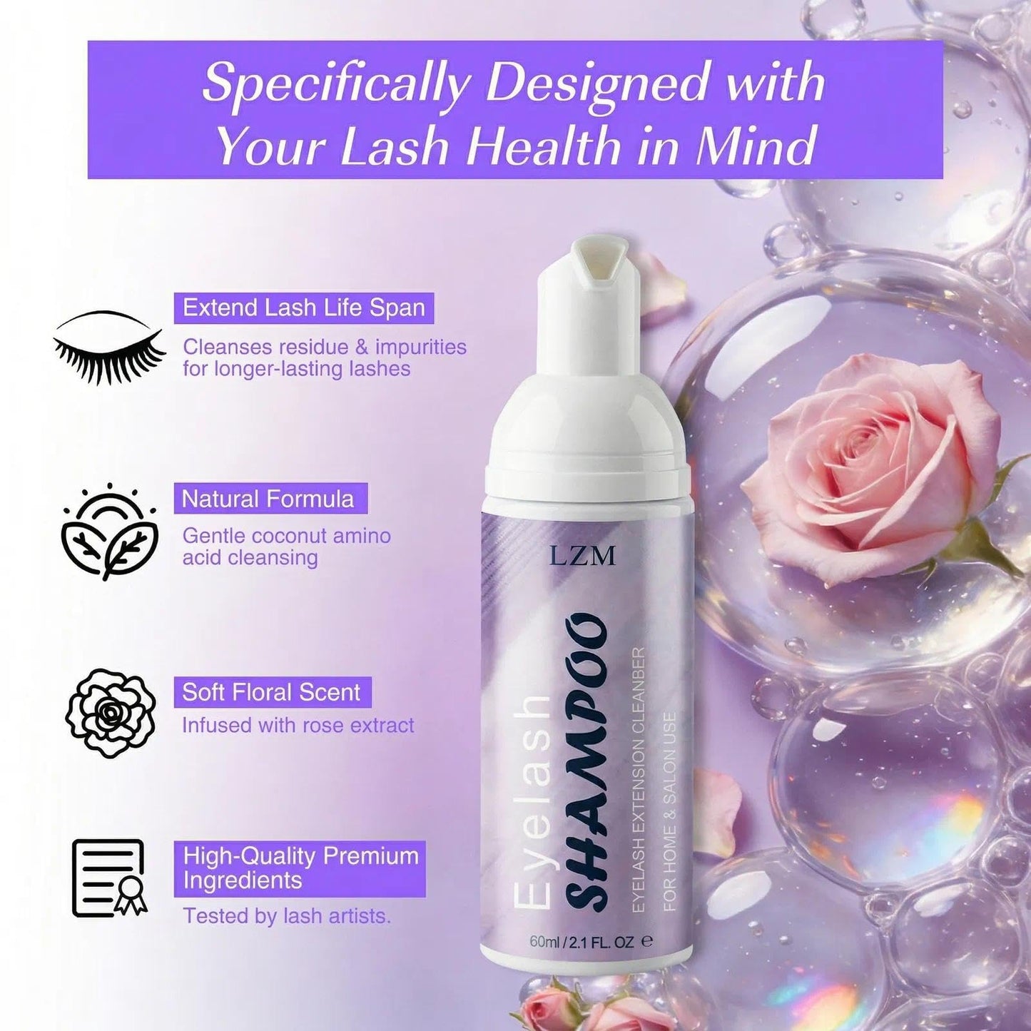 LZM Lash Shampoo Kit for Eyelash Extensions (2.02 fl oz), Lash Cleaner Foam and Lash Wash with Brush, Reusable & Spoolies, Gentle Eyelash Extension Cleanser for Professional and Daily Care