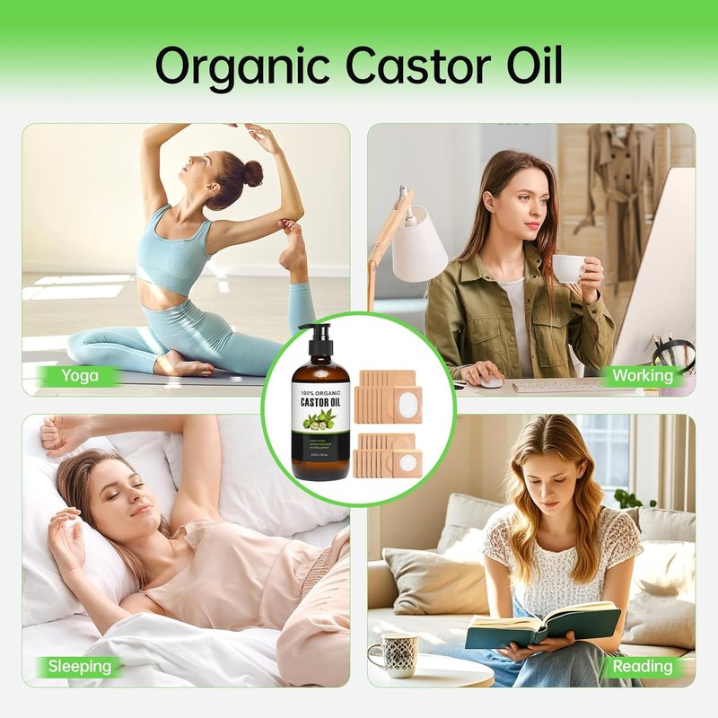 Castor Oil Patches Kit - 30 Pack Organic Cotton Wraps for Stomach & Liver Detox | Includes 8 oz Cold Pressed Castor Oil