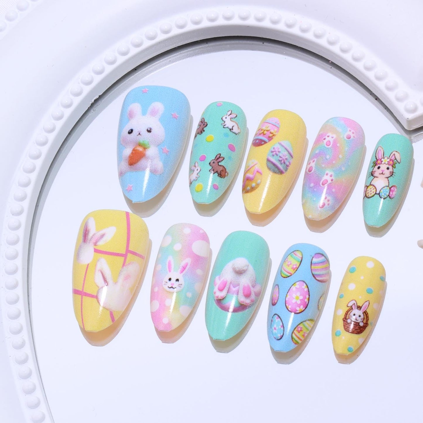 Press-On Nails - 24Pcs Medium Almond Fake Nails with Lotus & Lucky Koi Design | Glossy Full Cover for Spring/Summer DIY Manicure