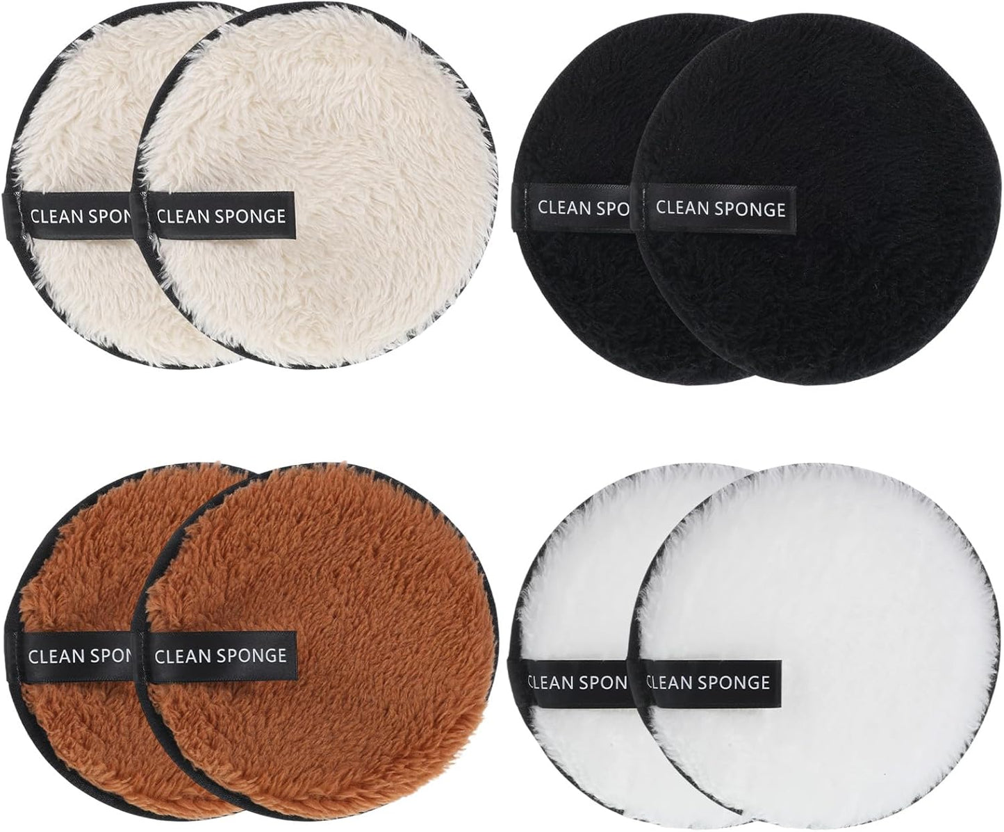 Reusable Makeup Remover Pads - Soft Microfiber Facial Cleansing Puffs | 8-Pack in Black, White, Coffee, Beige