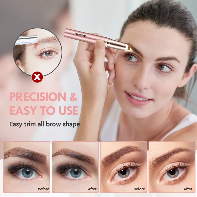 gurelax Eyebrow Trimmer for Women, Rechargeable Eyebrow Hair Remover, Painless Electric Razor with 2 x Replacement Heads,Face & Eye Brow Nose Ear Shaver Hair Removal (Rose Gold)