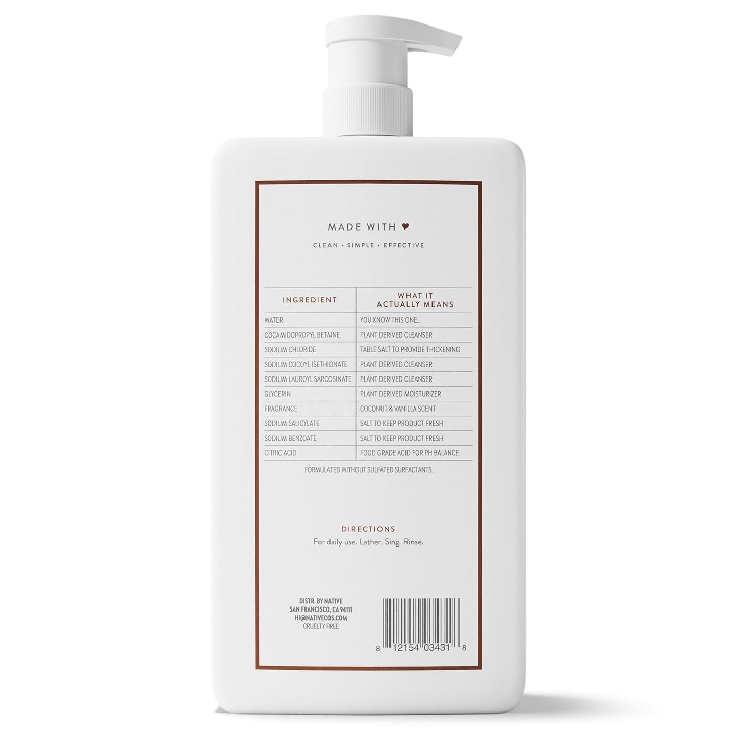 Native Body Wash - Coconut & Vanilla Scent | Sulfate-Free & Gentle, 36 oz Pump Bottle