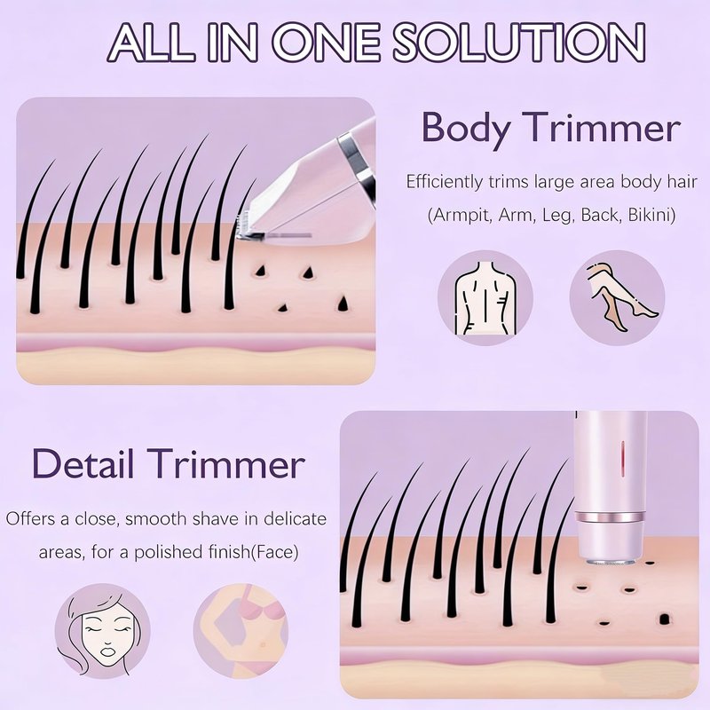 Bikini Trimmer for Women,2 in 1 Dual Head Bikini Shaver & Body Shaver,Cordless & Waterproof Electric Bikini Trimmer for Women, Painless Hair Removal with Silky Glow Finish,Purple9