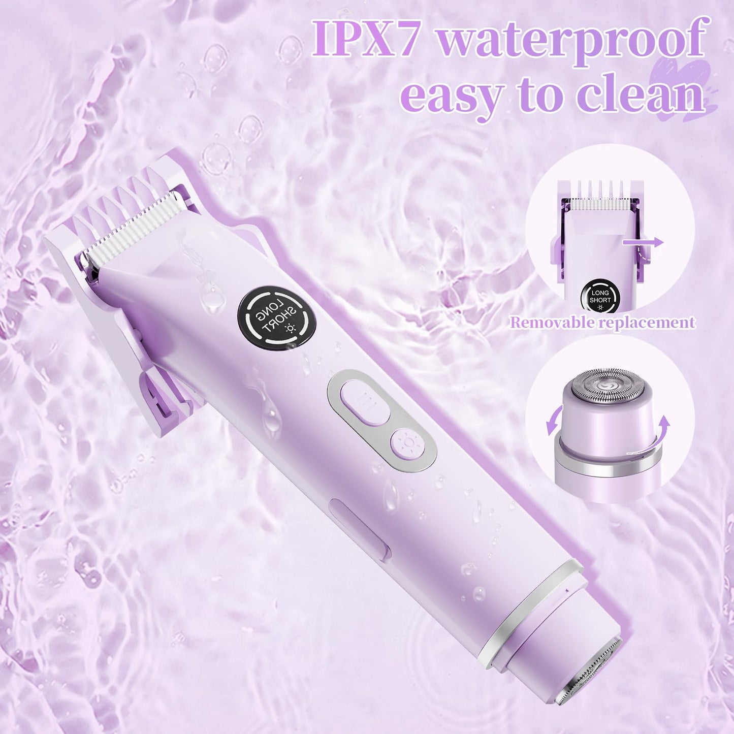 BBDYOY Bikini Trimmer for Women - 4 in 1 Women Electric Shaver Dual Head IPX7 Waterproof Wet & Dry Use Body Hair Trimmer and Facial Hair Remover for Bikini Underarm Leg Arm Body Face,Purple