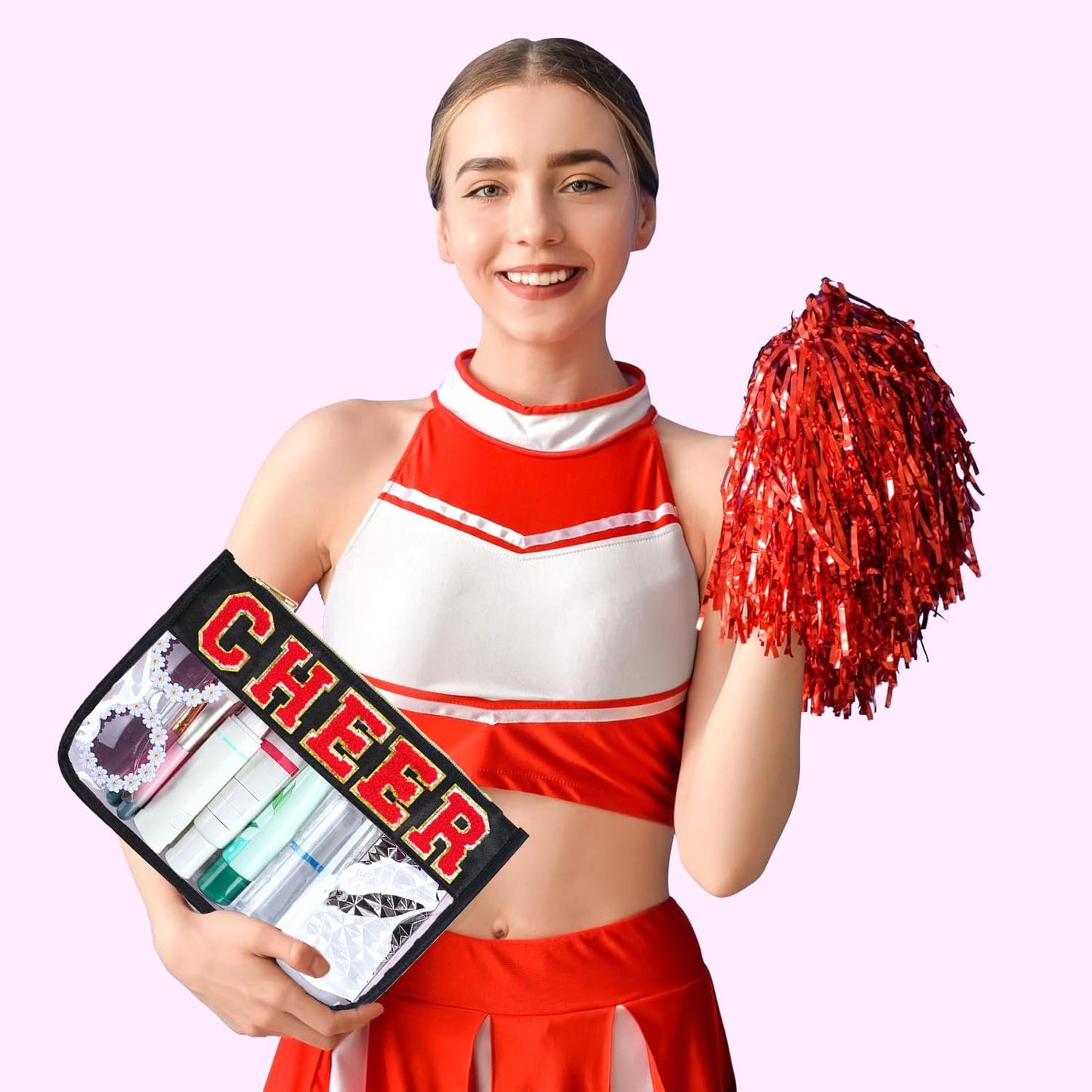 Jeffan 1 Pieces Black Cheer Gifts Chenille Letter Cheer Bags Patch Makeup Bag Flat Clear Pouch Cheerleading Gifts for Girls Cheer Teams