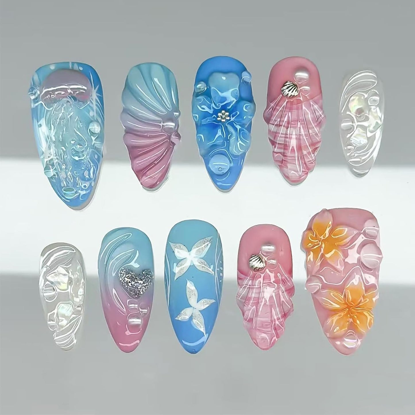 30Pcs Summer Press On Nails - Medium Almond 3D Fruit Designs | Glossy Acrylic Fake Nails for Women & Girls
