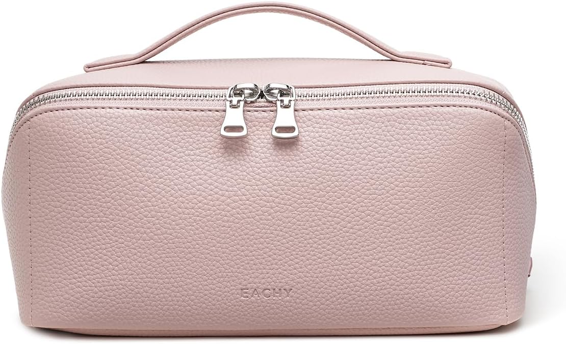 Travel Makeup Bag - Large Capacity Lychee Leather Cosmetic Organizer | Waterproof Toiletry Bag with TPU Brush Compartment