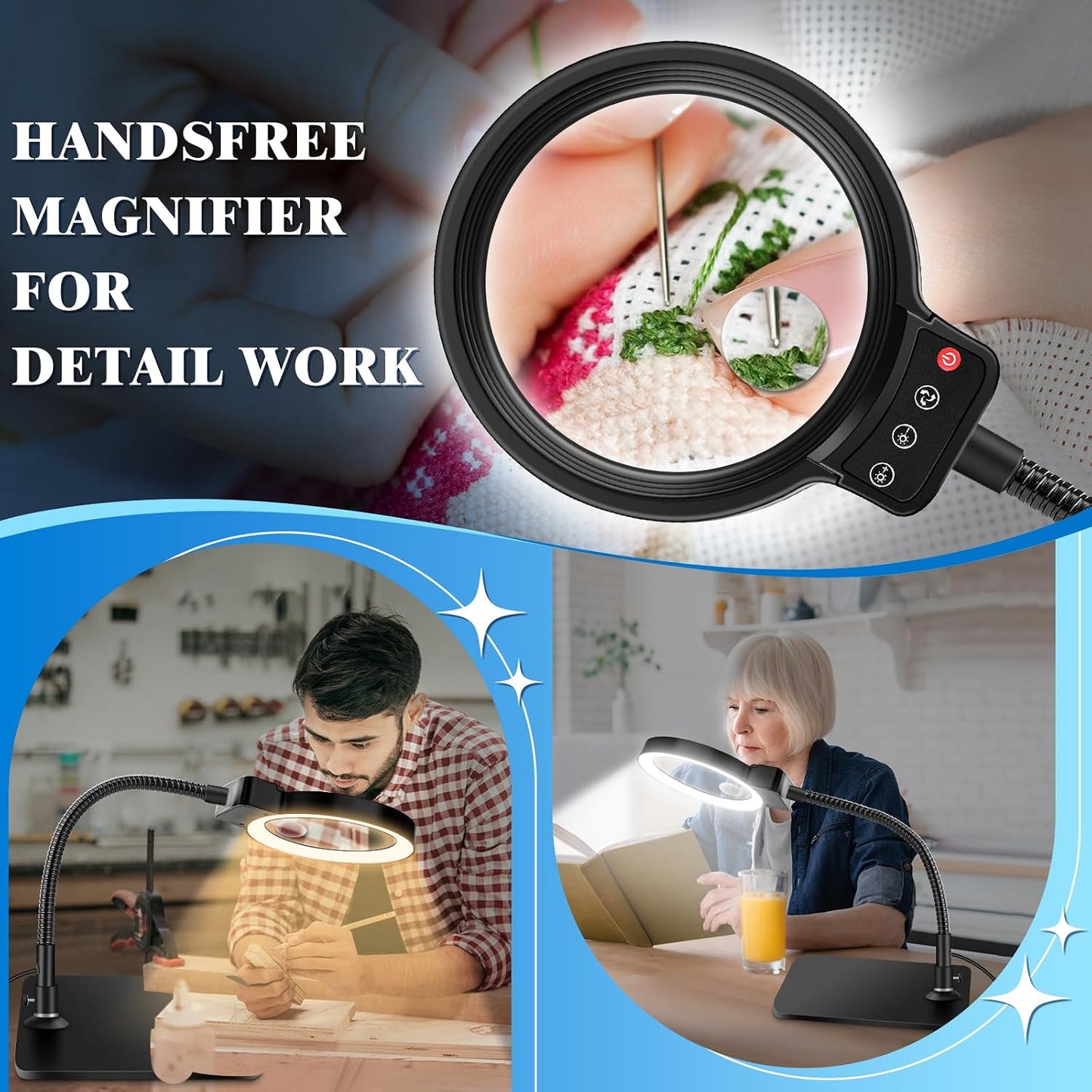 30X 10X Magnifying Glass with Light - 72 LED, Dimmable, Hands-Free Desk Lamp for Crafts | Square Design