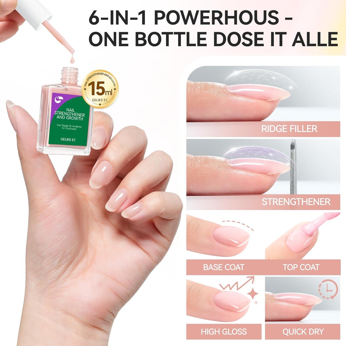 Nail Strengthener & Growth | Extra Strong Protein Hardener for Damaged Nails - Nude Pink 15ml - Quick Dry Ridge Filler
