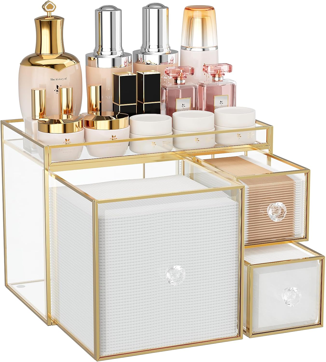 Tempered Glass Face Towel Holder - 3 Drawer Bathroom Vanity Organizer for Towels, Cotton Pads & Skincare Tools