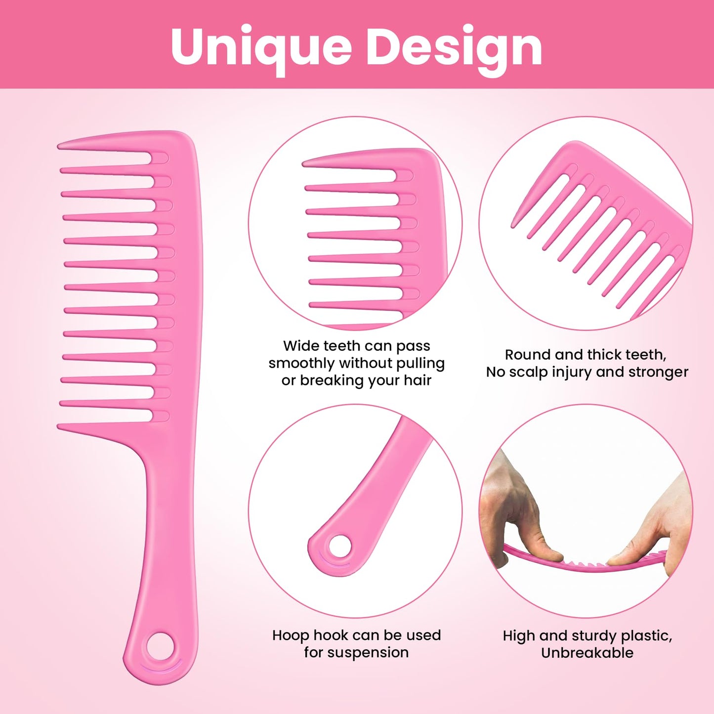 Wapodeai Wide Tooth Hair Comb, Large Detangling Styling Comb for Women & Men, Hair Brush for Curly, Wet, Dry, Thick Hair Types (Pink)