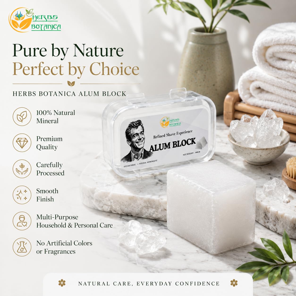 Herbs Botanica Alum Block for Shaving 100% Pure Natural Potassium Alum Crystal Traditional Post-Shave Grooming Block – Unscented Mineral Bar for Men’s Wet Shaving Routine