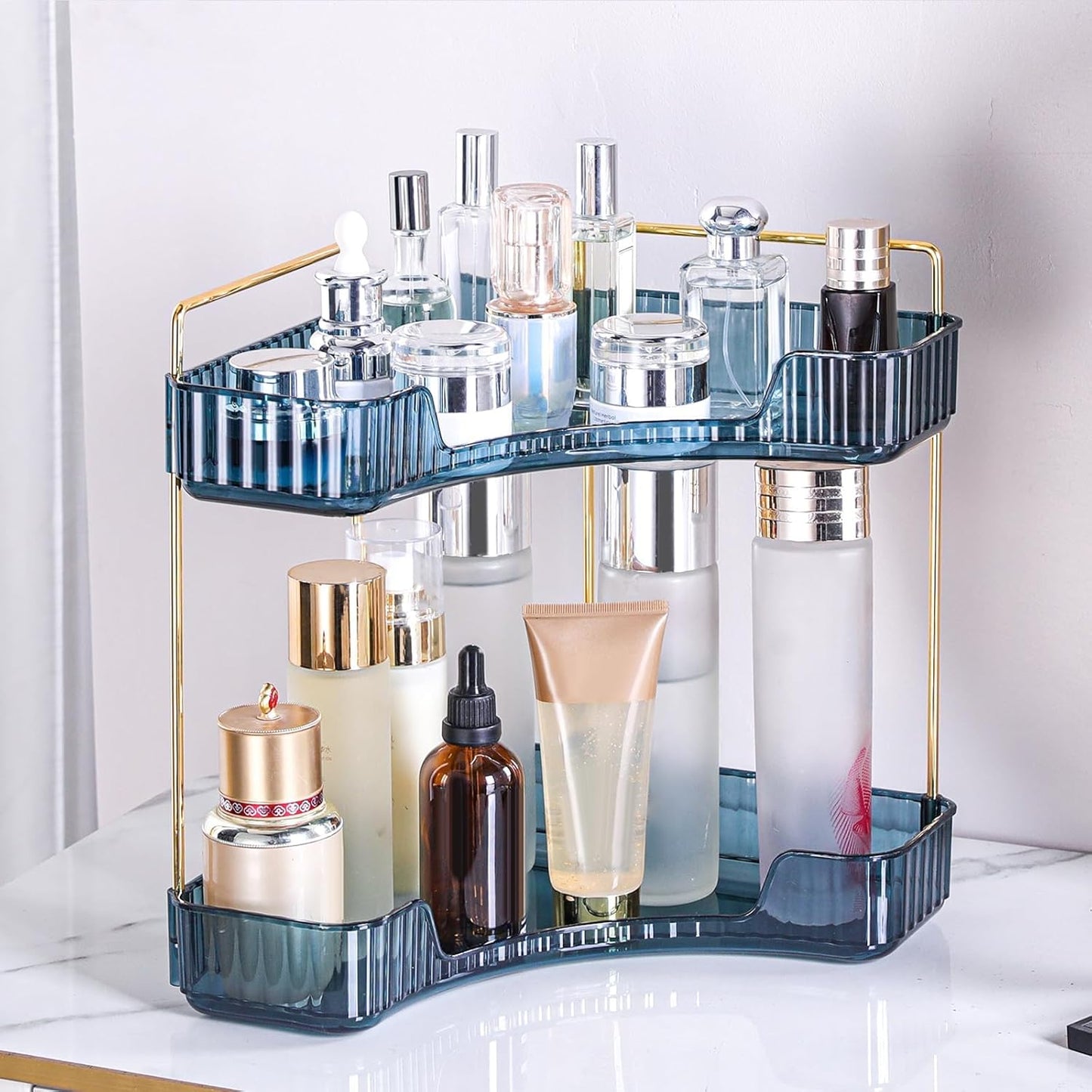 3 Tier Corner Bathroom Organizer - Stylish Makeup & Perfume Shelf for Vanity | Grey