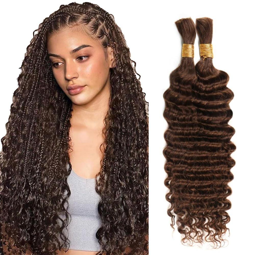 Human Braiding Hair 18 18 Inch 100g Chocolate Brown Deep Wave Bulk Human Hair for Braiding No Weft Curly Bundles Hair Extensions for Boho Knotless Wet and Wavy Braids