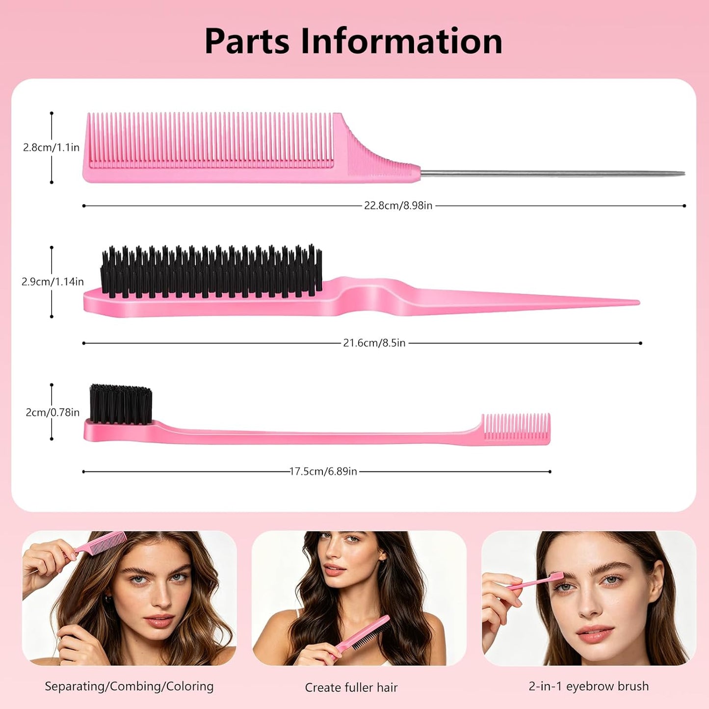 Curly Hair Defining Brush Set - 3 Ergonomic Slick Back Brushes for Wet & Dry Hair | Frizz Reduction (Pink)