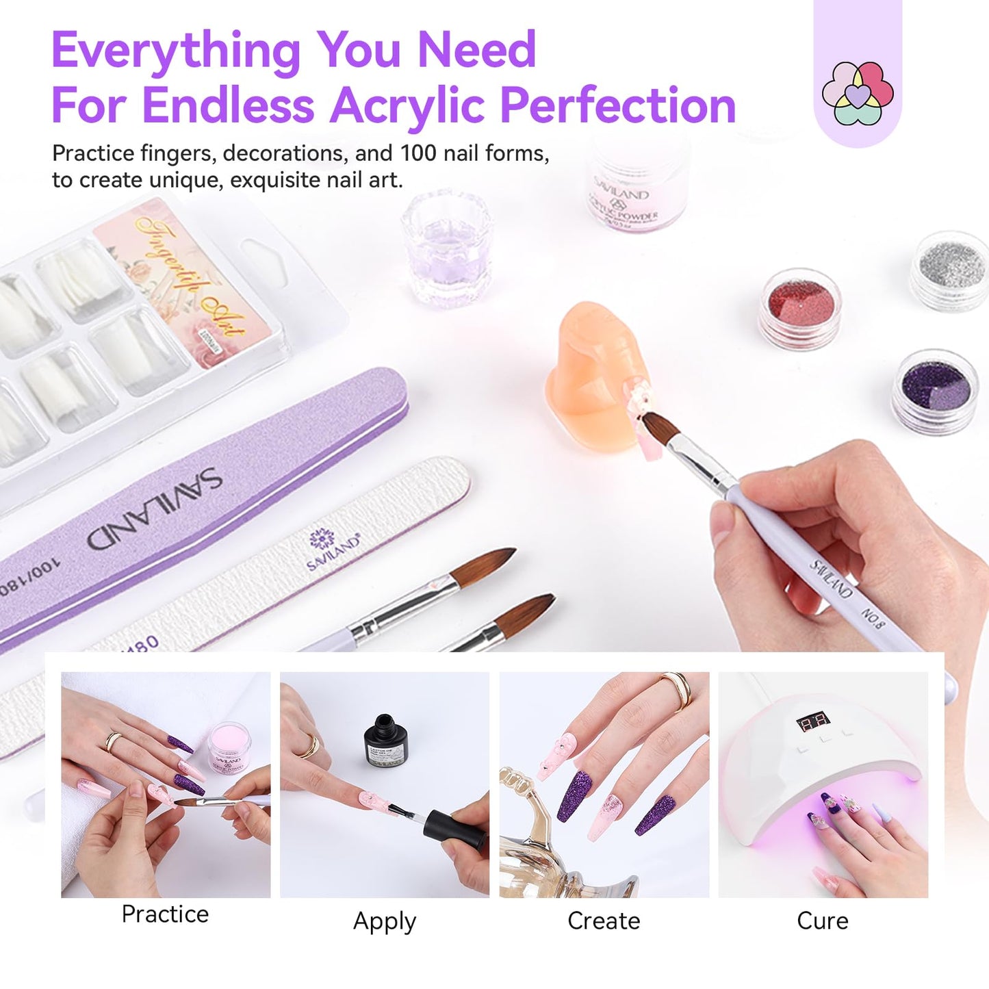 SAVILAND Essentials Acrylic Nail Kit For Beginners: Ultimate All-In-1 Acrylic Set with EMA Monomer Practice Finger Nail Drill U V Light Full Tools For Women Gift