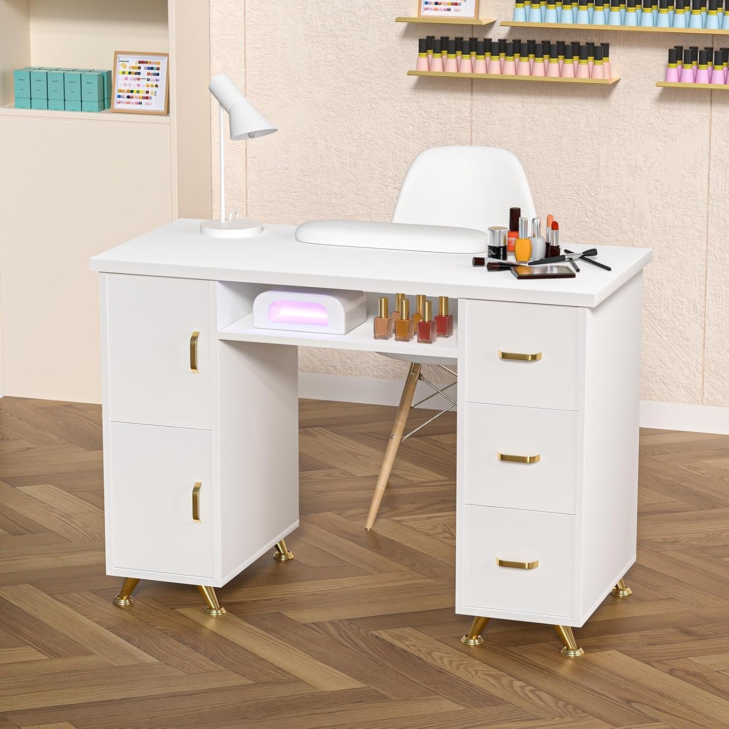 Professional Nail Tech Desk - Acetone Resistant Manicure Table with 3 Drawers & 2 Cabinets | White-Gold Finish for Salon & Home Use
