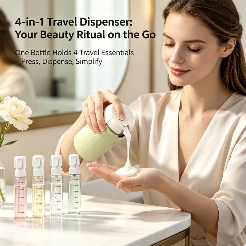 4 in 1 Travel Dispenser, Travel Bottles for Toiletries, No Squeeze Press Dispenser 30ML Leak Proof Travel Containers, Portable Refillable Shampoo Lotion Conditioner Bottles with Labels(1White)