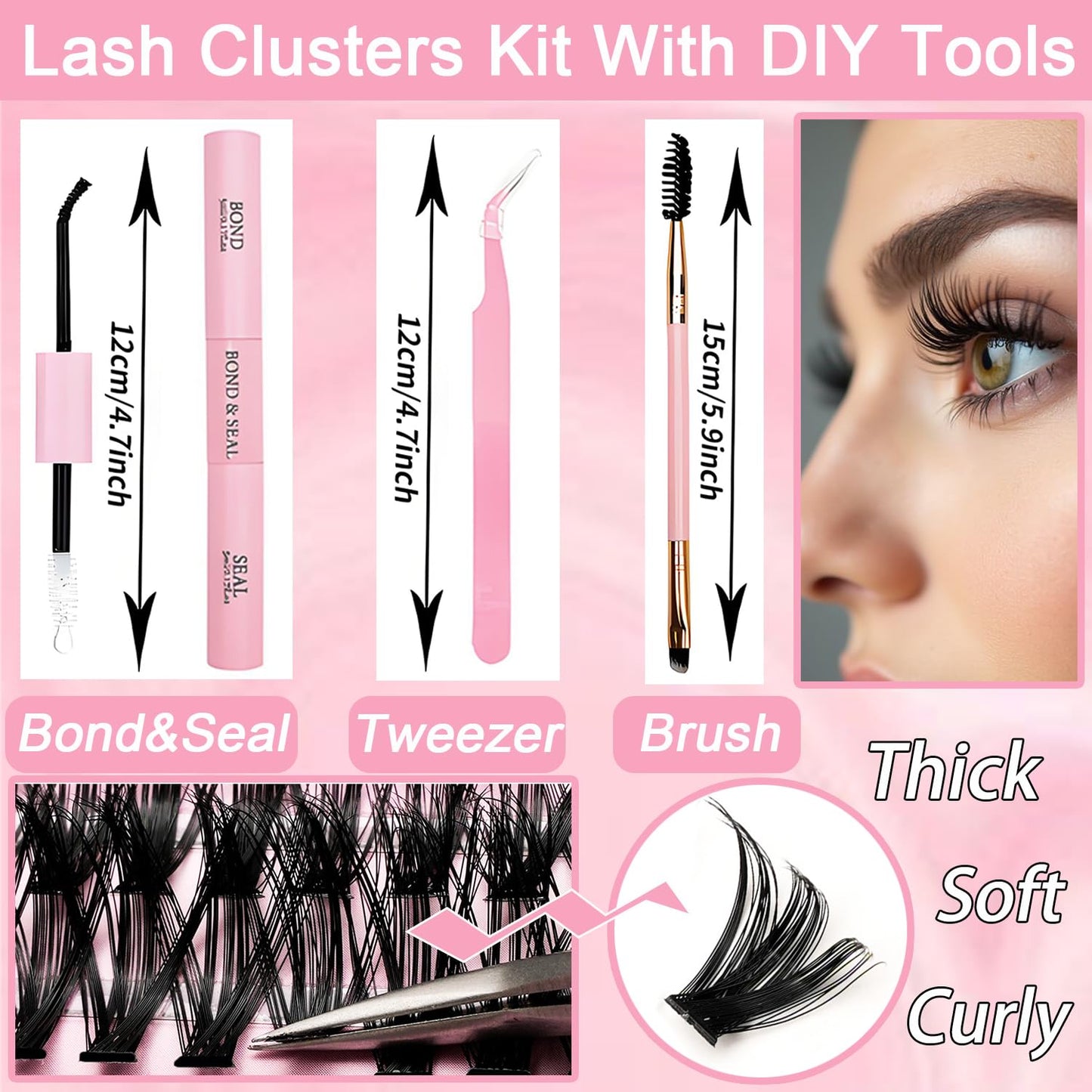 Lash Clusters Kit - 640 Pcs Fluffy Wispy Individual Eyelashes 9-16mm D Curl | Thin Band with Tweezers & Bond Seal