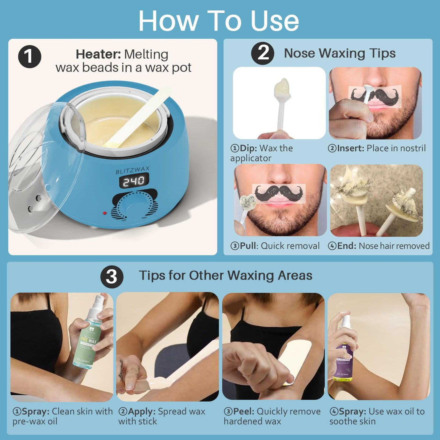 BLITZWAX Back and Nose Waxing Kit for Men, Hard Wax Warmer for Brazilian, Body and Face, At Home Hair Removal Kit, Beginner Friendly, Quick Heating, 93 Accessories, Royal Blue