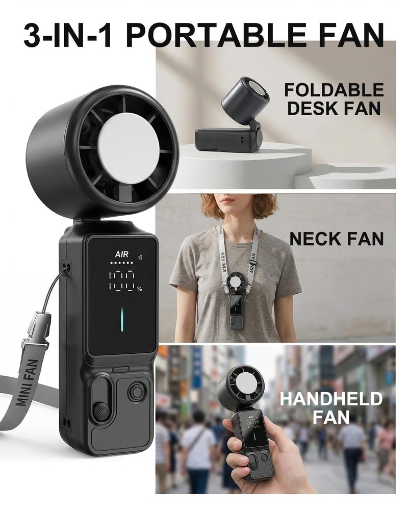 Cyromark Personal Fans Portable Rechargeable - 100-Gear Handheld Fan, Wearable & Foldable 3-in-1 Turbo Fan with Ice Compress for Indoor/Outdoor Travel Activities(Black)