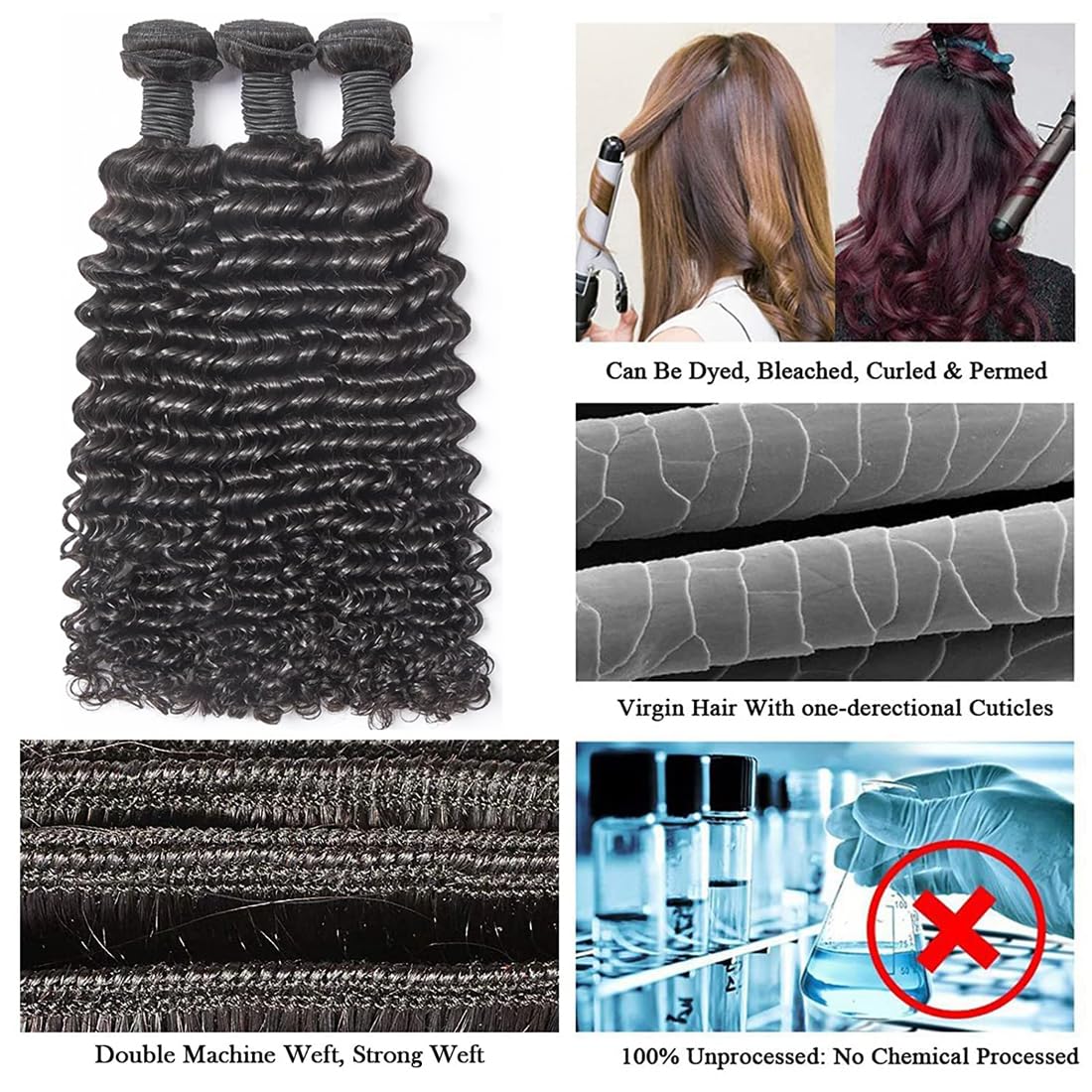 12A Human Hair Bundles 14 16 18 Inch Curly Bundles Human Hair Deep Wave Bundles Deals Wet and Wavy Quick Weave Real Hair Extensions For Women Natural Black