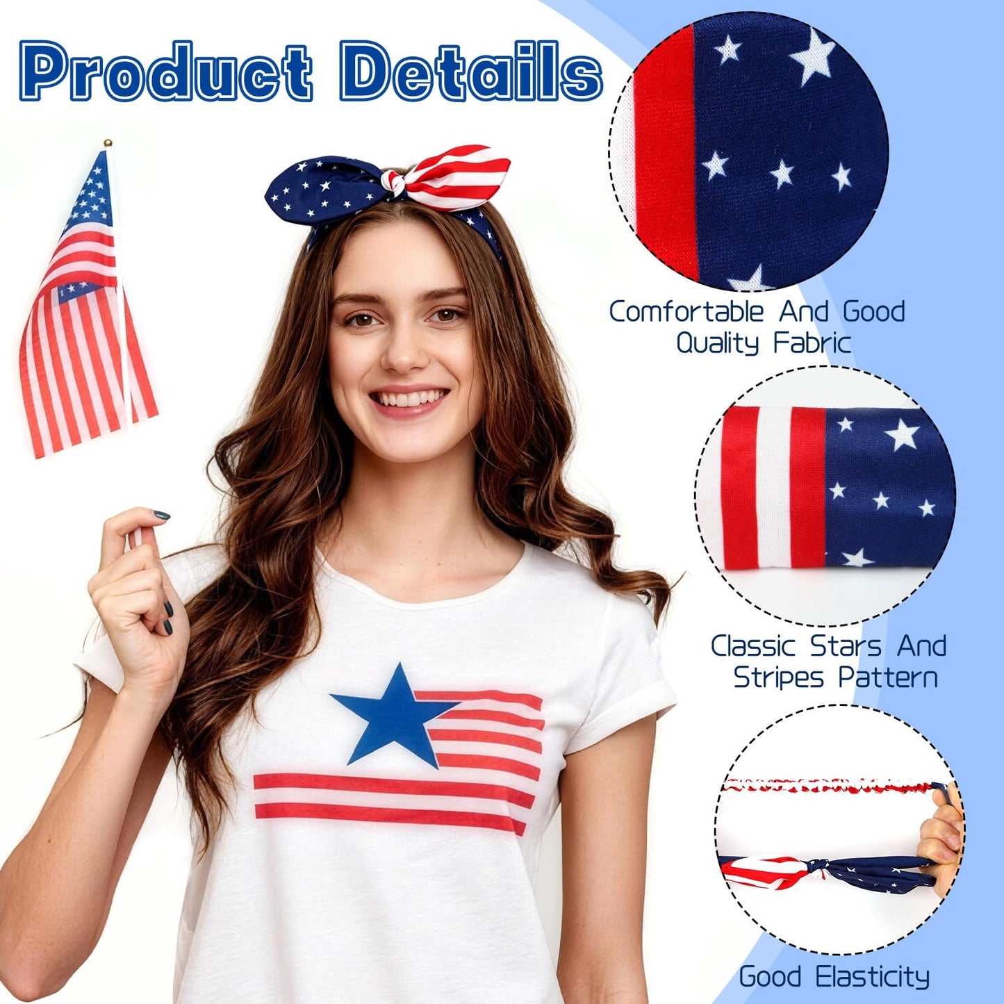 FEBSNOW 3 Pack 4th of July Headband, American Flag Knotted Headband