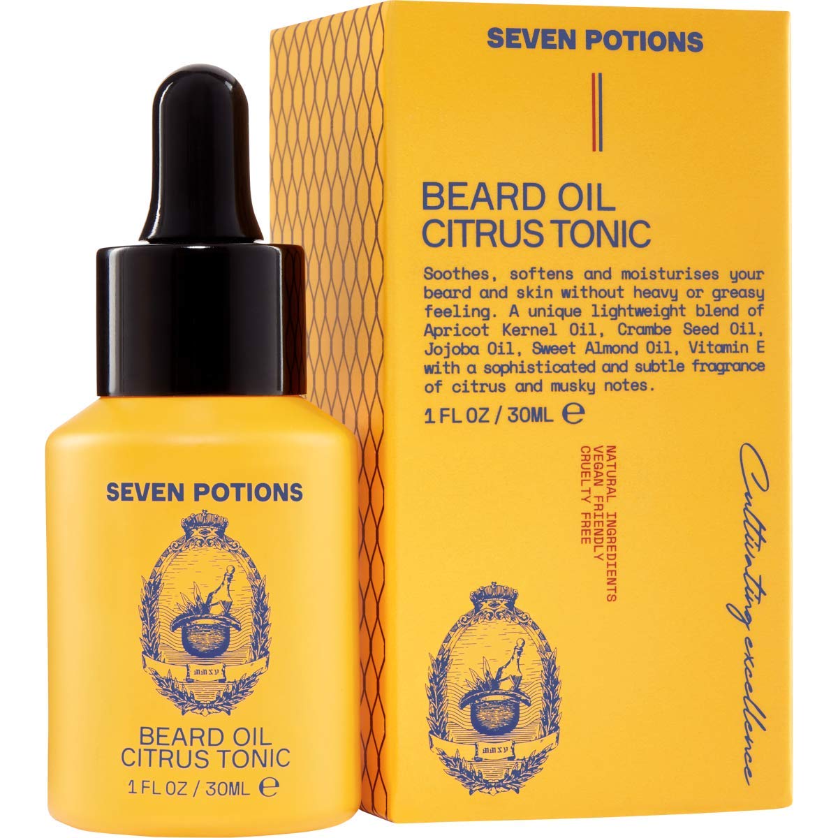 SEVEN POTIONS Natural Beard Oil for Men 1 FL OZ / 30ml — Fresh & Citrus Beard Softener & Conditioner — Vegan Conditioning Oil That Helps Prevent Itch & Dandruff (Citrus Tonic)