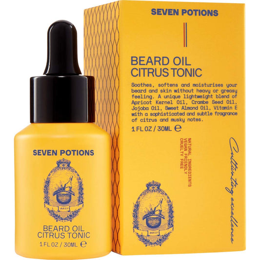 SEVEN POTIONS Natural Beard Oil for Men 1 FL OZ / 30ml — Fresh & Citrus Beard Softener & Conditioner — Vegan Conditioning Oil That Helps Prevent Itch & Dandruff (Citrus Tonic)