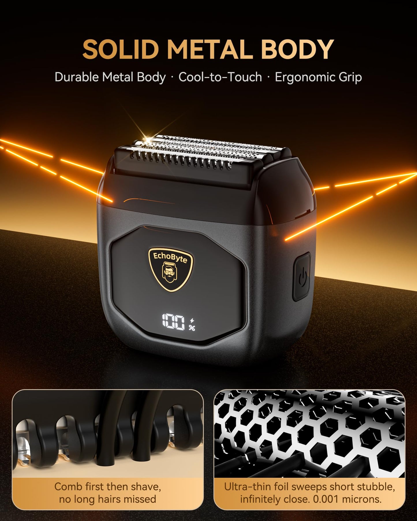 EchoByte Full Metal Electric Foil Shaver for Men: 4 Floating Blades, IPX7 Waterproof Wet & Dry Mini Razor, 120-Min Runtime USB-C Rechargeable, Quiet Travel Groomer with LED Display (Space Black)