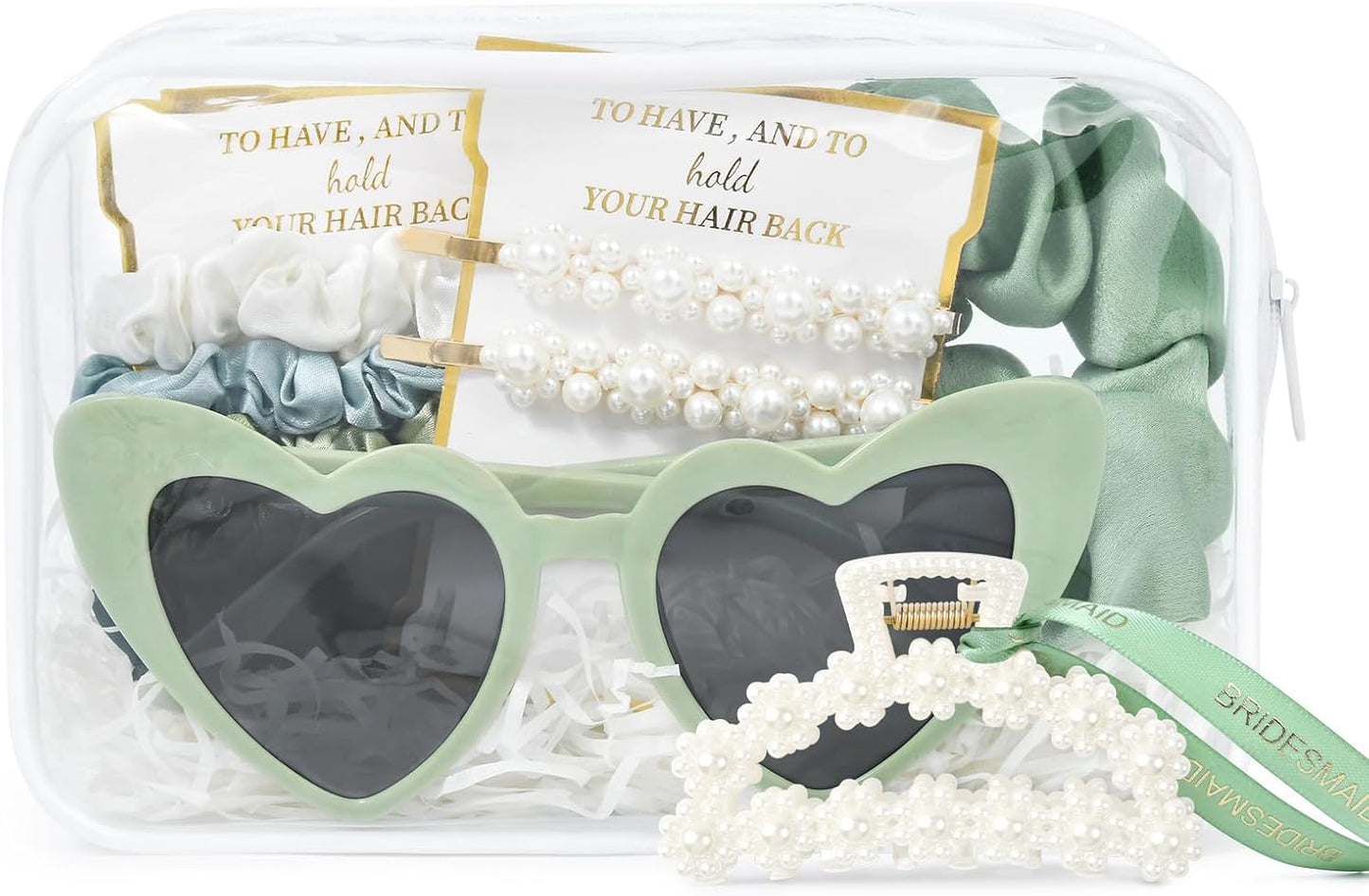 Pearl Gift Set for Bridesmaid Proposal - Clear Makeup Bag, Hair Claw Clips & Scrunchies | Sage Green