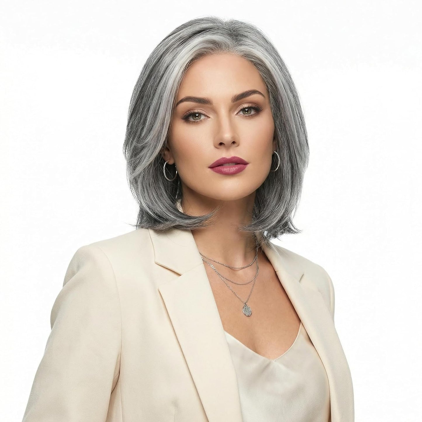 Grey White Highlight Wigs for Women - Heat Resistant Synthetic Hair | Natural Wave Cosplay & Daily Use (Silver Gray)