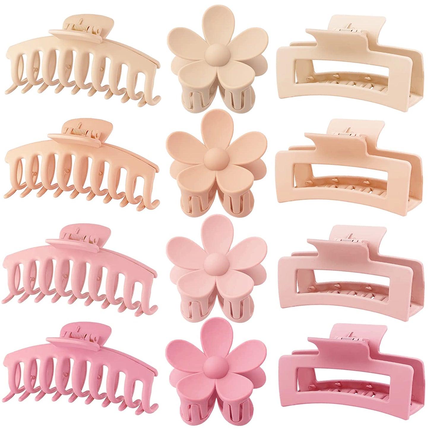 Large Hair Claw Clips - 12 Pack Flower & Square Clips for Thick Hair | Strong Hold & Matte Finish